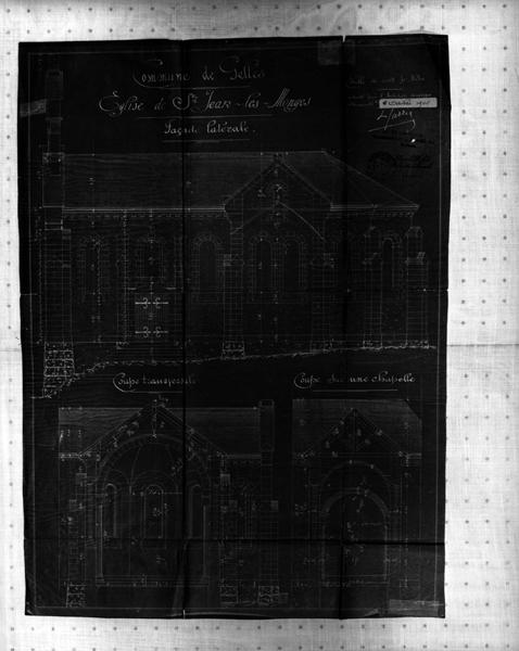 Commune de Gelles. Eglise de Saint-Jean-les-Monges. Façade latérale. Coupe transversale. Coupe sur une chapelle.