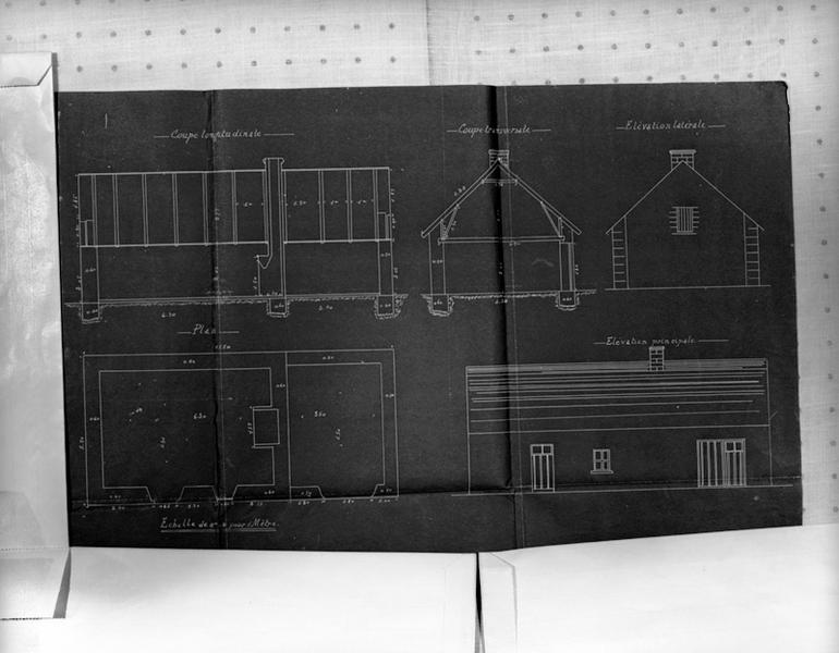 Buron de La Chabanne. Projet d'agrandissement et de réparations. Coupe longitudinale. Coupe transversale. Elévation latérale. Plan. Elévation principale.