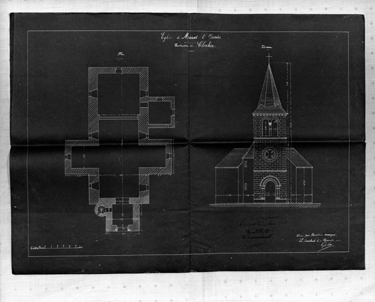 Eglise de Murat-le-Quaire. Construction du clocher. Plan. Elévation [ouest].