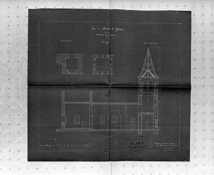 Eglise de Murat-le-Quaire. Construction d'un clocher. Plan de la tribune. Plan du beffroi. Coupe longitudinale.