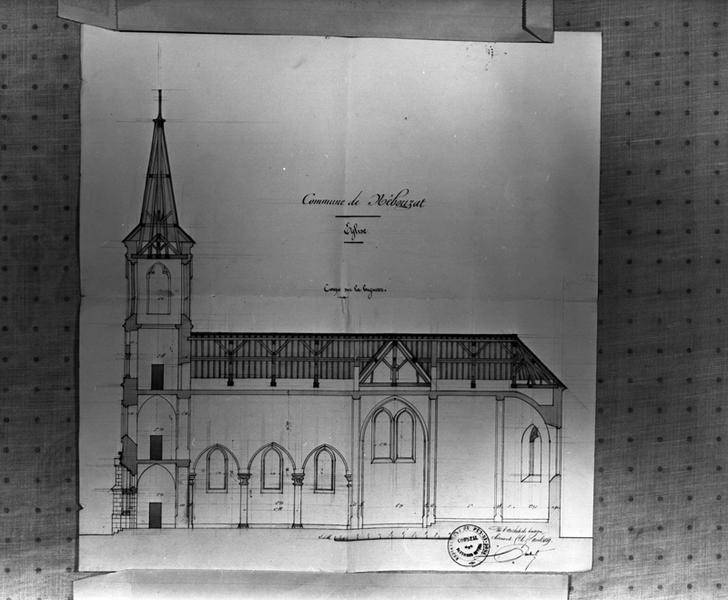 Commune de Nébouzat. Eglise. Coupe sur la longueur. [Projet de construction d'une nouvelle église paroissiale].