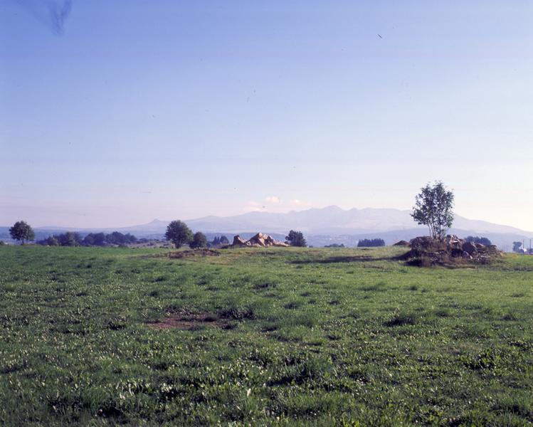Le plateau granitique à l'est du village, en direction du massif du Sancy, vu depuis la ferme de Probat. Les blocs accumulés proviennent de l'épierrement actuel des prairies, après remembrement, en vue d'une exploitation mécanisée du fourrage.