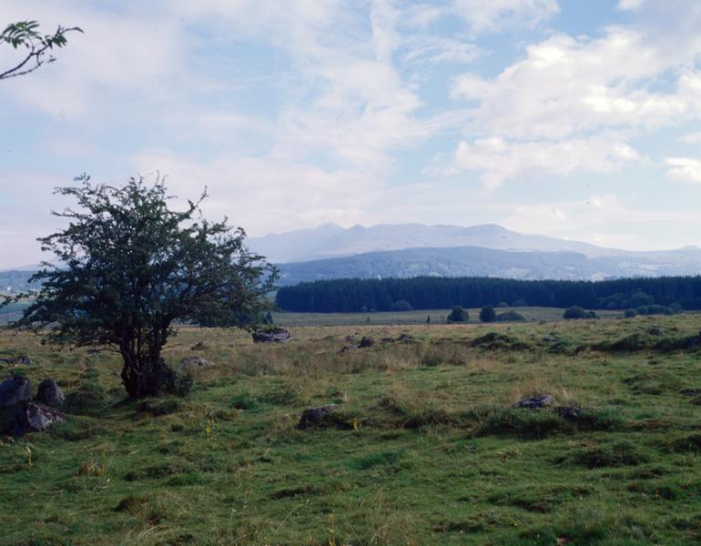 Le paysage vers le nord : le village de Picherande et le massif du Sancy.