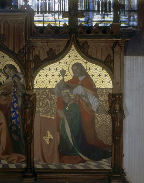 Détail du retable : partie droite : Jeanne de Boulogne en donatrice introduite par saint Jean.