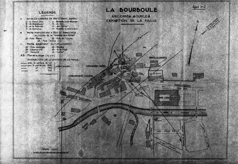 La Bourboule. Anciennes sources. Exposition de la faille. Plan de la ville avec emplacement des sources.
