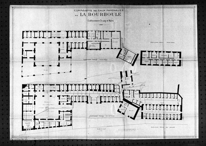 Compagnie des Eaux minérales de La Bourboule. Etablissements Choussy et Mabru. Plans du rez-de-chaussée et du 1er étage des deux établissements.