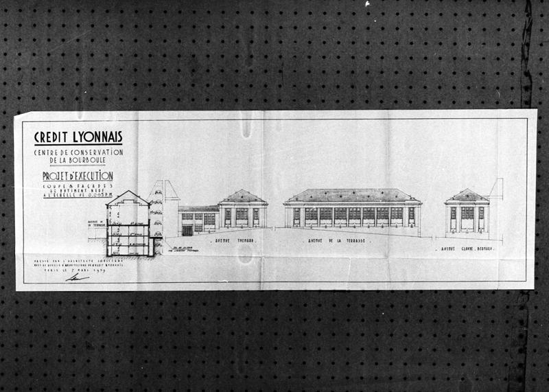 Crédit Lyonnais. Centre de conservation de La Bourboule. Projet d'exécution. Coupe et façades du bâtiment neuf. Projet d'agrandissement de l'ancien bâtiment du Medicis et Palace Hôtel.