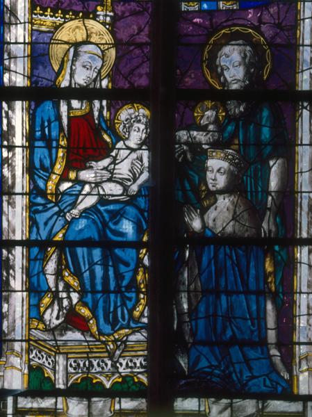 Partie inférieure gauche de la baie 100 : Vierge à l'enfant, saint-Jean-Baptiste et le duc Jean de Berry.