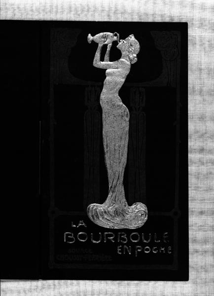 La Bourboule en poche. Source Choussy-Perrière. [Silhouette de femme buvant de l'eau de source à une cruche].