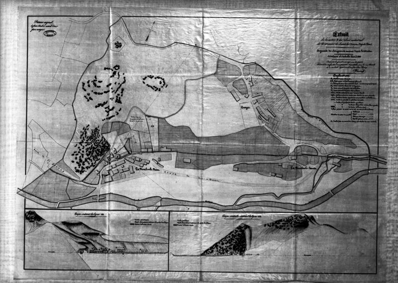 Extrait de la section B du plan cadastral de la commune de Murat-le-Quayre (Puy-de-Dôme), augmenté des changements survenus depuis le cadastre. Dressé [...] pour être joint à une demande en fixation d'un périmètre de protection pour les eaux thermales de La Bourboule appartenant aux frères et soeur Choussy.