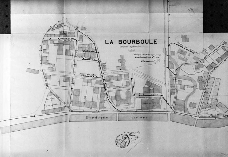 La Bourboule (rive gauche). Plan de la ville pour le premier projet d'assainissement (détail).