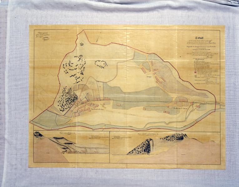 Extrait de la section B du plan cadastral de la commune de Murat-le-Quayre (Puy-de-Dôme), augmenté des changements survenus depuis le cadastre. Dressé [...] pour être joint à une demande en fixation d'un périmètre de protection pour les eaux thermales de La Bourboule appartenant aux frères et soeur Choussy.