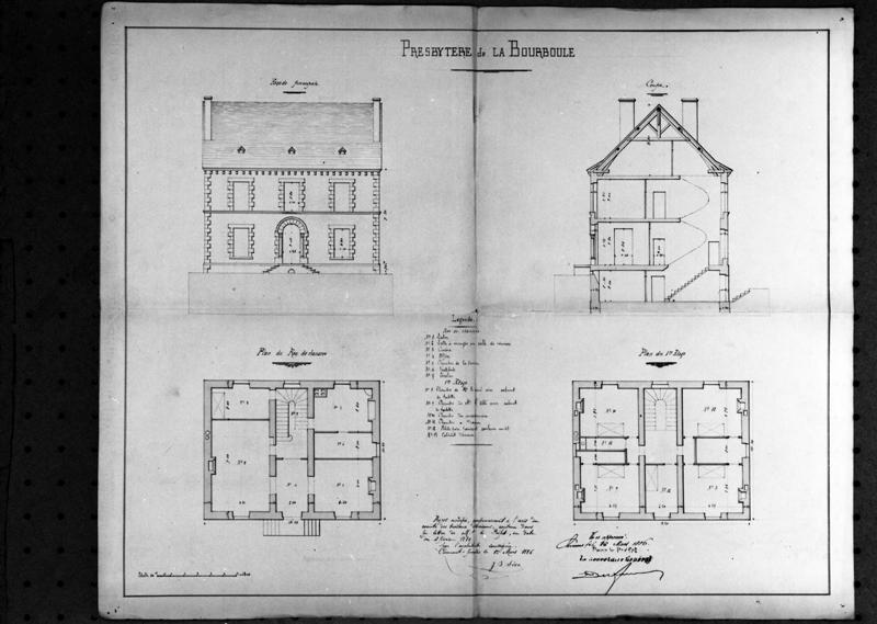 Presbytère de La Bourboule. Façade principale. Coupe [transversale]. Plan du rez-de-chaussée. Plan du 1er étage.