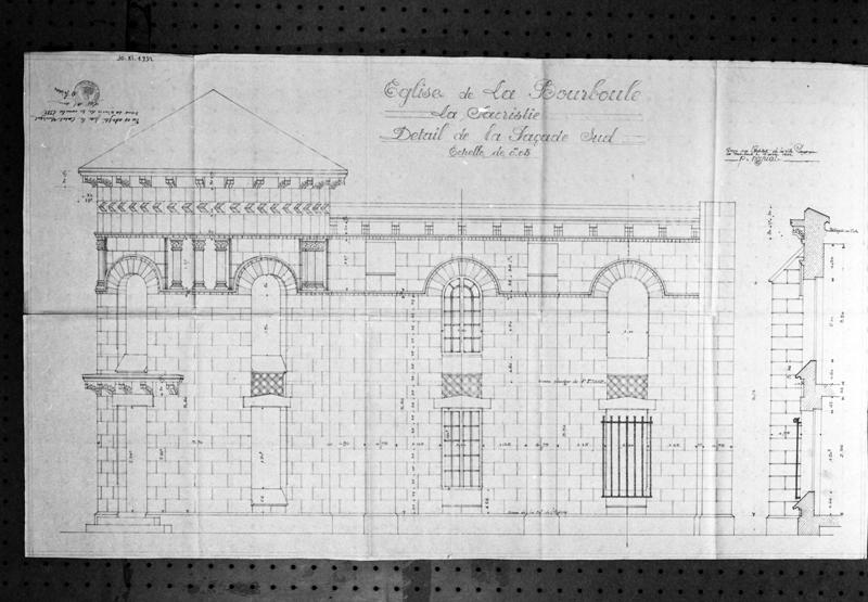 Eglise de La Bourboule. La Sacristie. Détail de la façade sud. [Elévation et coupe].