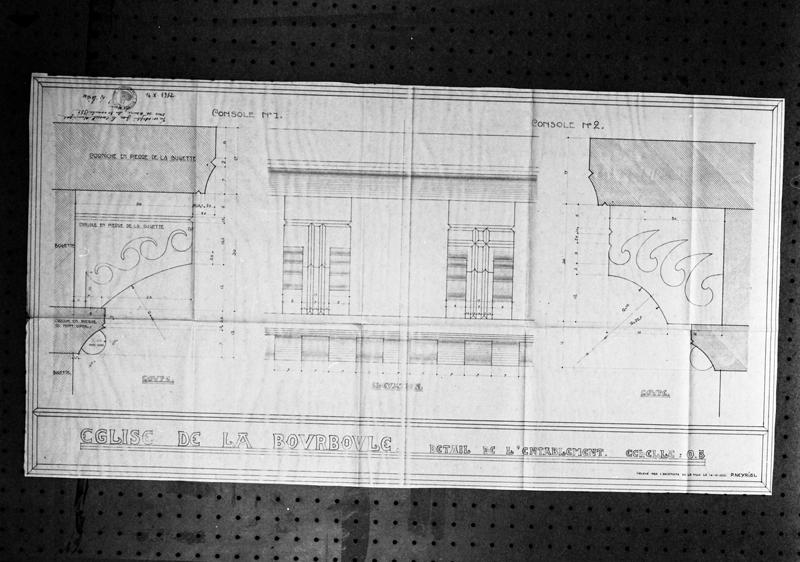 Eglise de La Bourboule. Détail de l'entablement. Console n°1, coupe, élévation. Console n°2, élévation, coupe.