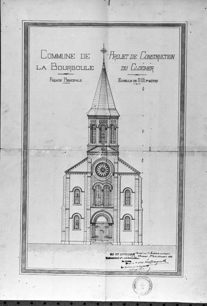 Commune de La Bourboule. Projet de construction du clocher. Façade principale.