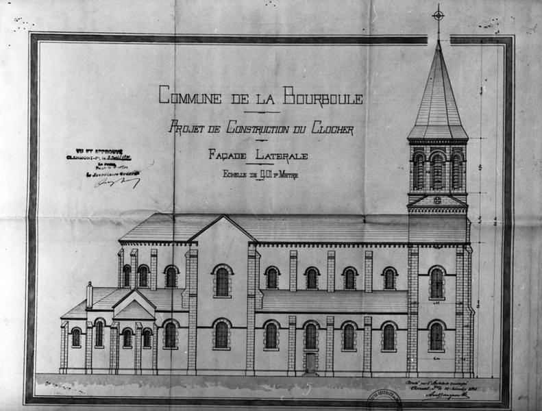 Commune de La Bourboule. Projet de construction du clocher. Façade latérale.