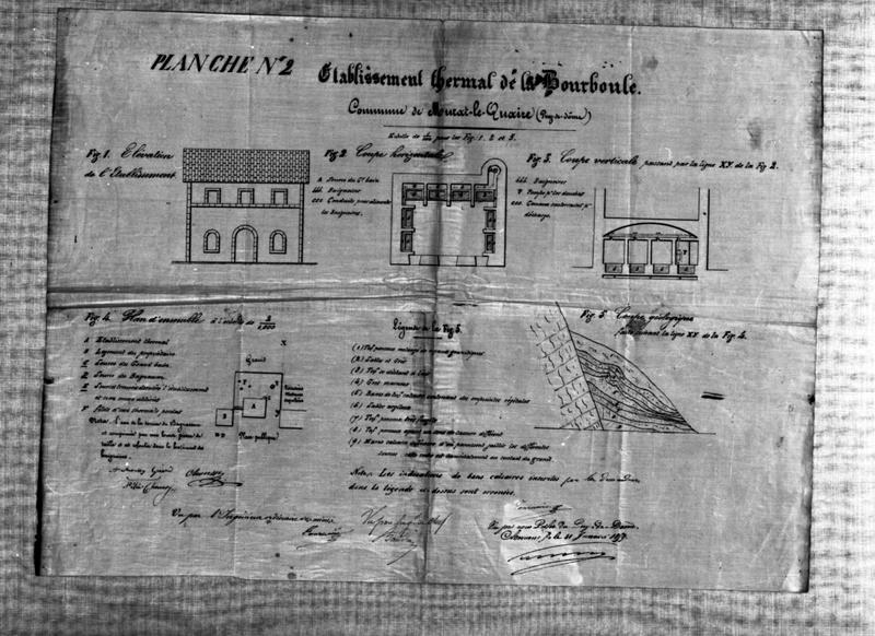 Etablissement thermal de La Bourboule. Commune de Murat-le-Quaire (Puy-de-Dôme). Elévation de l'établissement. Coupe horizontale. Coupe verticale. Plan d'ensemble. Coupe géologique.