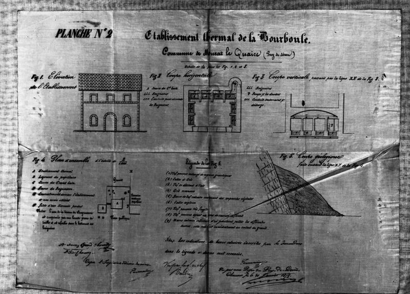 Etablissement thermal de La Bourboule. Commune de Murat-le-Quaire (Puy-de-Dôme). Elévation de l'établissement. Coupe horizontale. Coupe verticale. Plan d'ensemble. Coupe géologique.