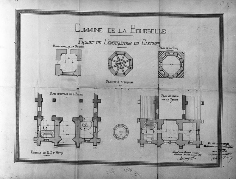 Commune de La Bourboule. Projet de construction du clocher. Plan au niveau de la rosace. Plan de la 1ère enrayure. Plan de la tour. Plan au niveau de l'église. Plan au niveau de la tribune.