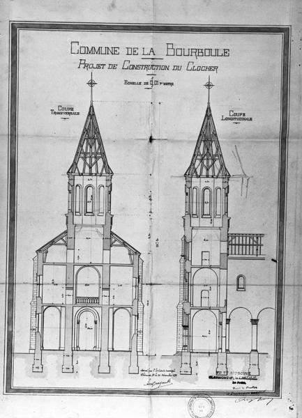 Commune de La Bourboule. Projet de construction du clocher. Coupe transversale. Coupe longitudinale.