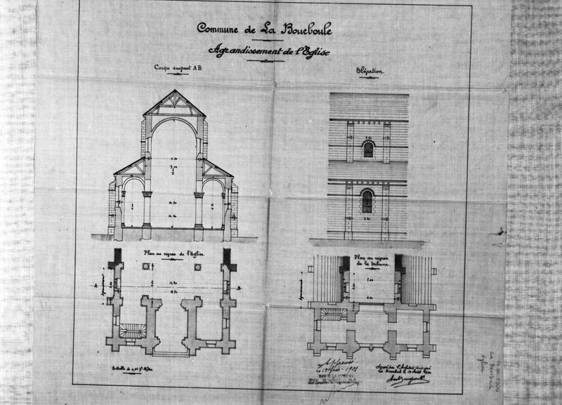 Commune de La Bourboule Agrandissement de l'Eglise Coupe suivant AB Elévation Plan au niveau de l'Eglise Plan au niveau de la tribune