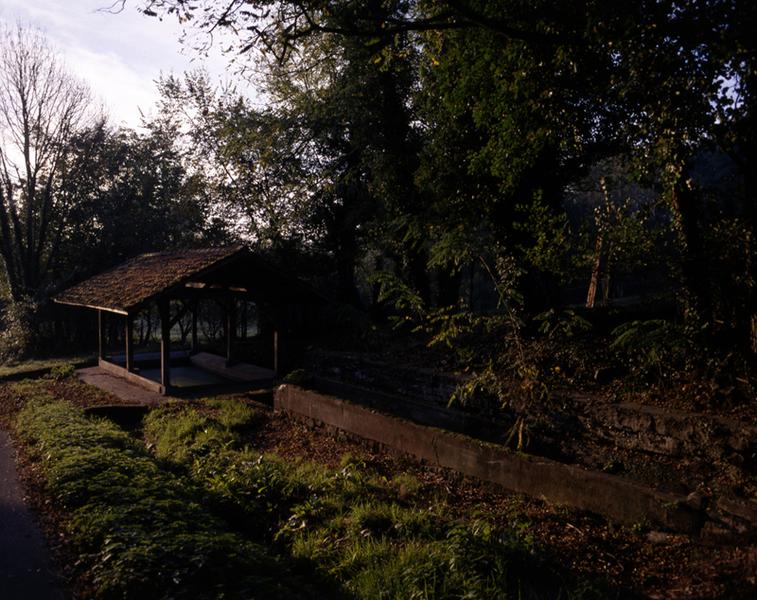 Vue générale d'un lavoir avec fontaine et abreuvoir
