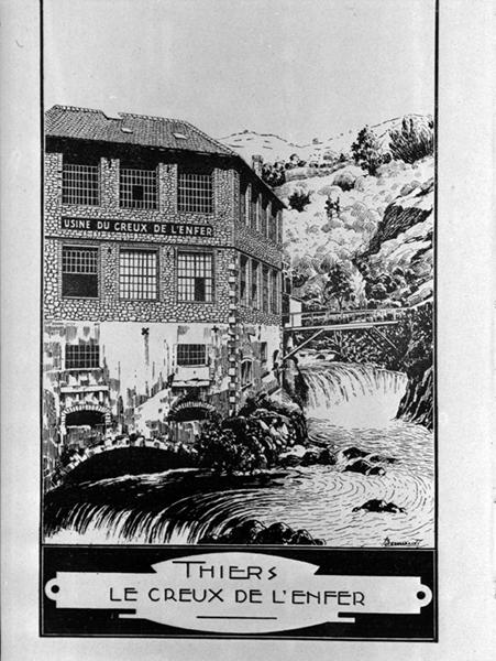 Vue d'ensemble de l'usine et de la chute d'eau alimentant le bief