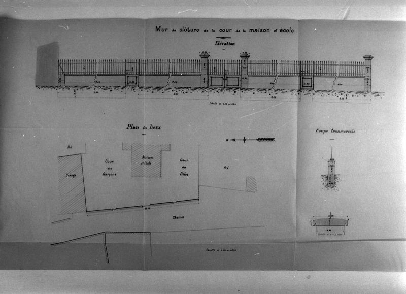 Ecole communale. Mur de clôture : plan, coupe transversale et élévation.