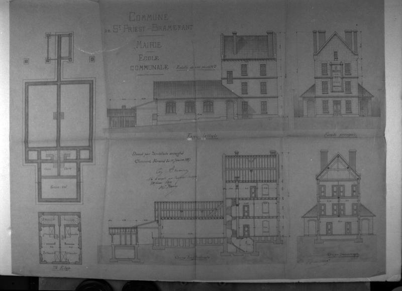 Ecole communale. Plan du sous-sol, plan du second étage, élévations des façades principale et latérale, coupes longitudinale et transversale.