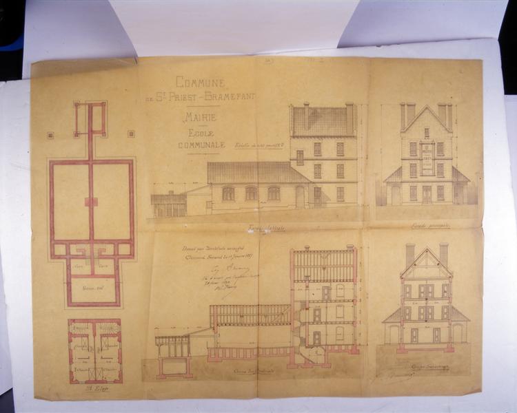 Ecole communale. Plan du sous-sol, plan du second étage, élévations des façades principale et latérale, coupes longitudinale et transversale.