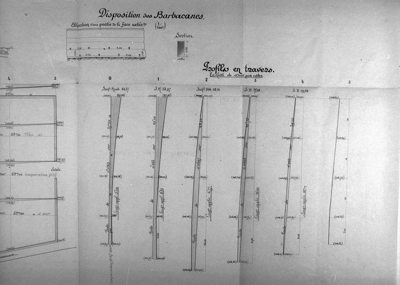 Projet de création d'un nouveau cimetière Disposition des barbacanes Elévation d'une partie de la face extérieure Section Profils en travers