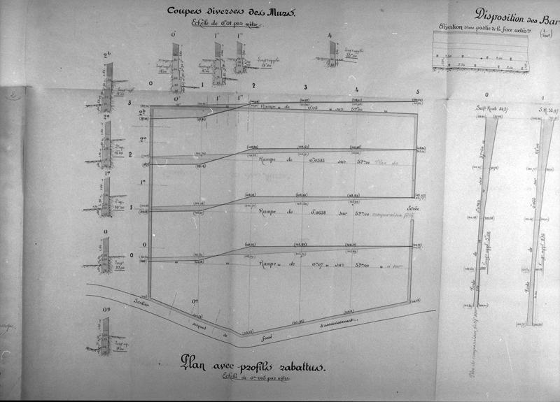 Projet de création d'un nouveau cimetière. Coupes diverses des murs. Plan avec profils rabattus.