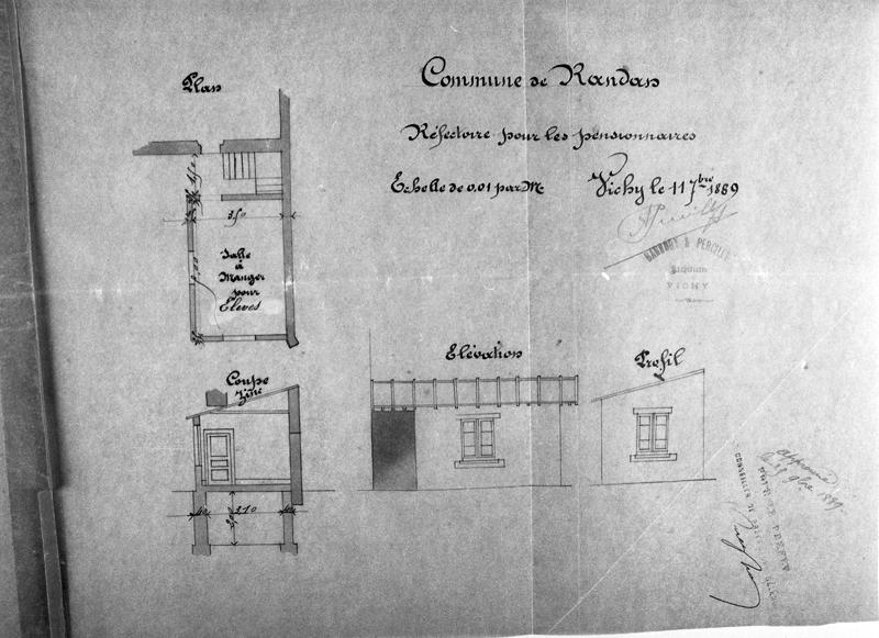 Ecole de garçons, réfectoire pour les pensionnaires : plan, coupe, élévation et profil.