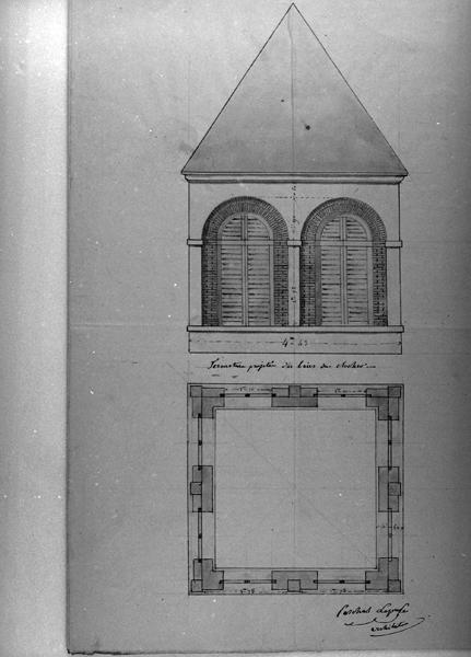 Fermeture projetée des baies du clocher : plan et élévation