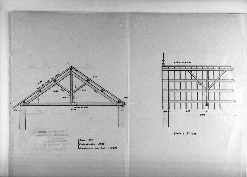 Remplacement de la charpente et de la couverture de la maison d'école : détails des fermes et chevrons.