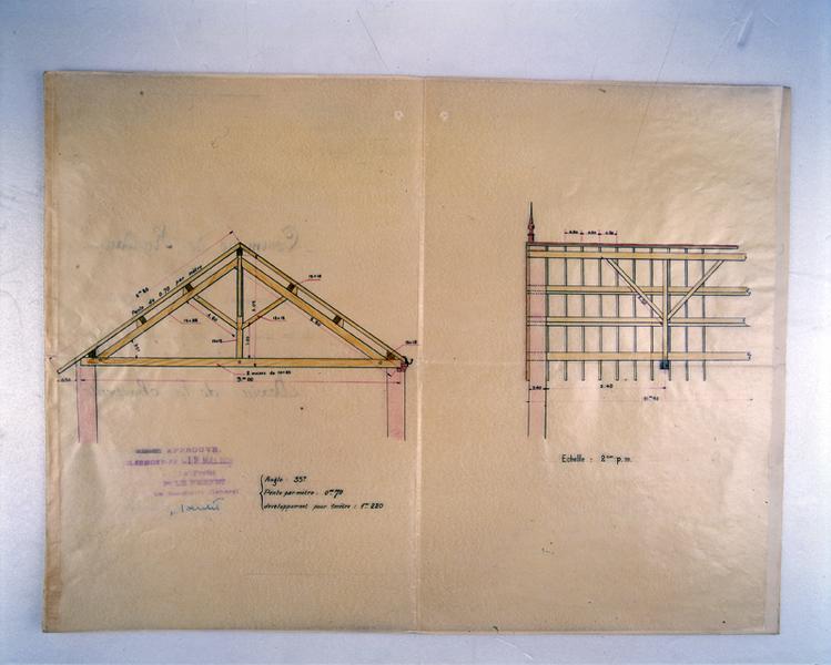 Remplacement de la charpente et de la couverture de la maison d'école : détails des fermes et chevrons.