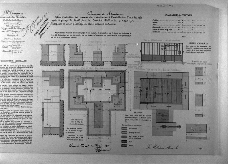 Bascule pour pesage du bétail, force de 20000 Kg : plans et coupes. Usines de la Mulatière (Rhône).