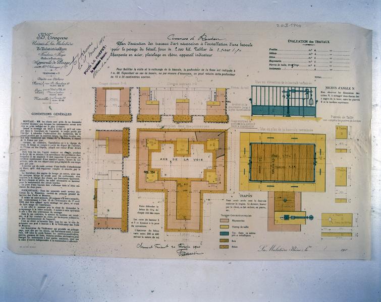 Bascule pour pesage du bétail, force de 20000 Kg : plans et coupes. Usines de la Mulatière (Rhône).