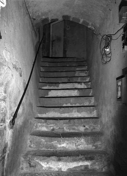 Flanquant le mur ouest, escalier droit donnant accès à l'étage de la maison et desservant également une autre maison au sud