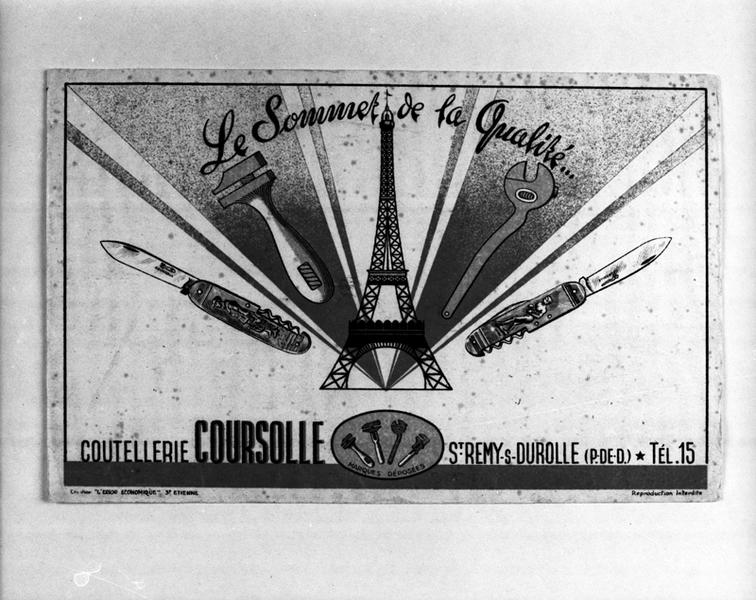 Buvard publicitaire de la coutellerie Coursolle avec ses marques dépossées.