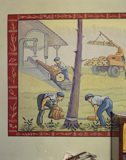 peinture murale : 5 panneaux : scie à ruban et scieurs à la tronçonneuse.