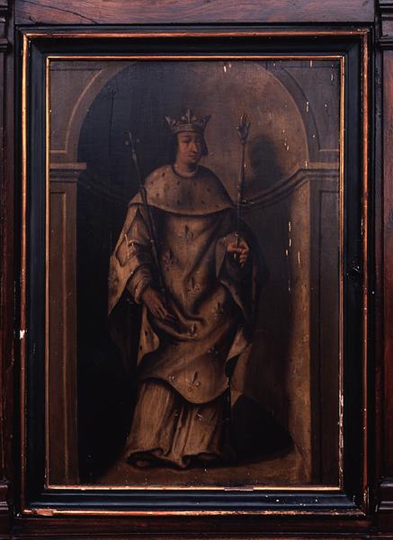 Ensemble de 5 tableaux de portes du meuble de sacristie : la Vie de saint Louis : Saint Louis, Mariage de Louis IX et Marguerite de Provence, Christ en croix, Mort de Blanche de Castille, Blanche de Castille