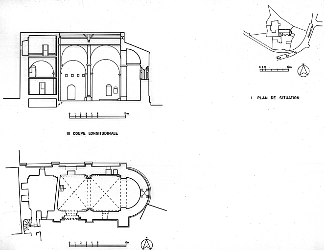 Plan de situation, plan au sol, coupe longitudinale de Thierry Lochard, 1981.