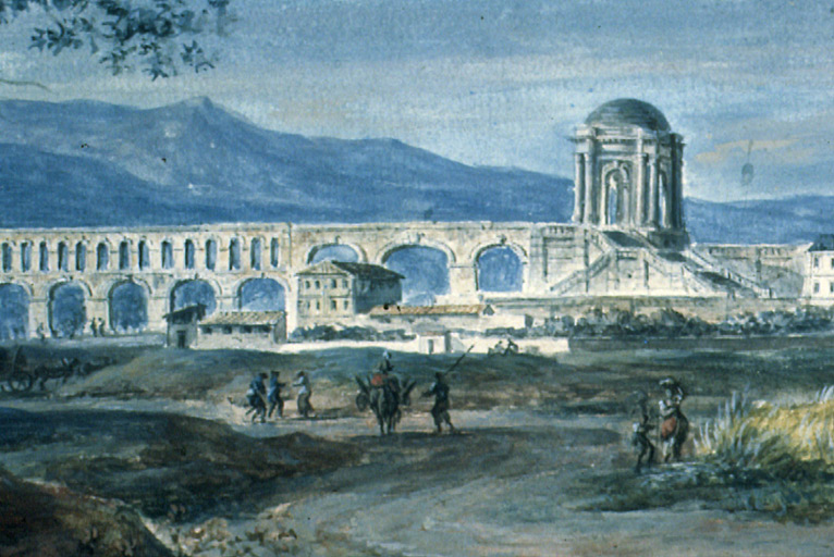 Aquarelle du Peyrou par Colbert : détail du château d'eau.