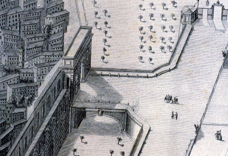 Pont, Place Royale du Peyrou, gravure vue cavalière de Nogaret.