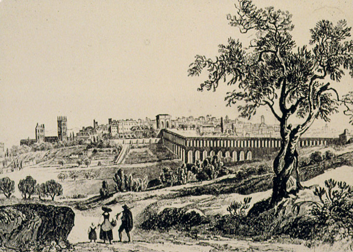 Gravure de Boilly : l'aqueduc avec au premier plan couple de paysans.