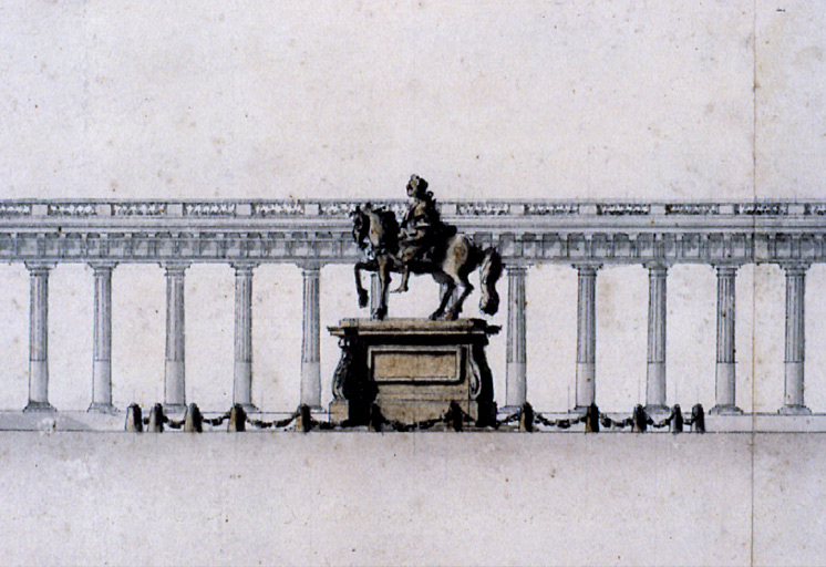 Gravure : colonnade de Nogaret avec statue équestre.