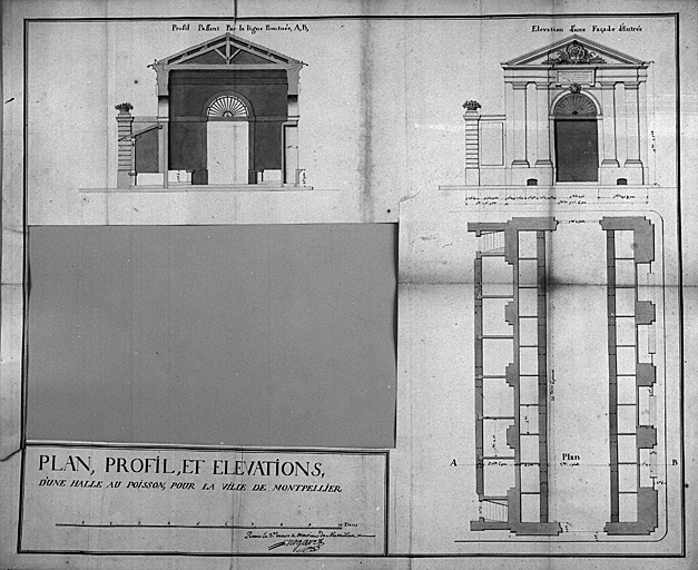 'Plan, profil et élévation d'une halle de poissons' par Nogaret, 1750 (AMM, DD206)