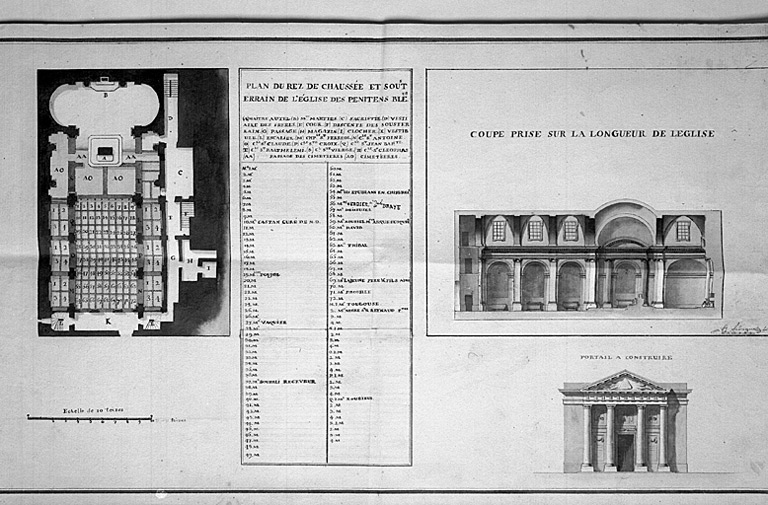 Plans au sol, coupe longitudinale et projet de portail, dernier quart du XVIIIe siècle.